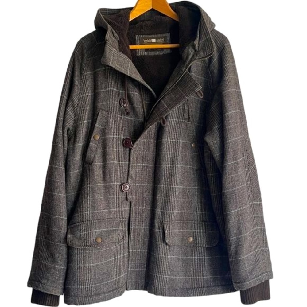 ECKO UNLIMITED Plaid Wool blend Car coat jacket with sherpa lining